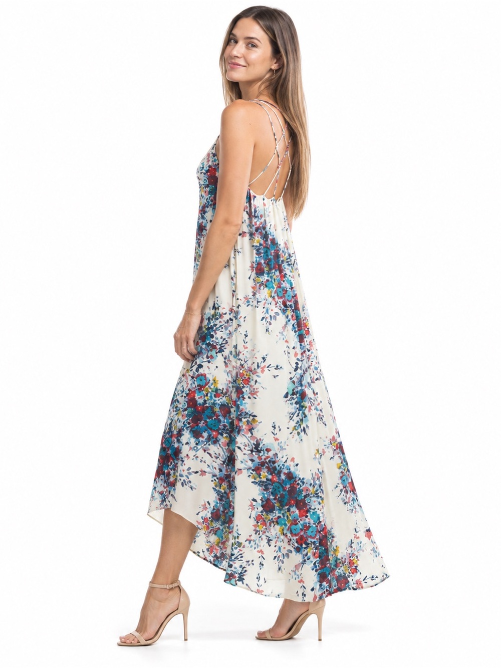 Love Stitch Watercolor Floral Strappy Back Maxi Dress White Large Bohemian
